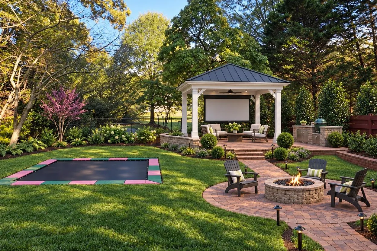 The Dream Yard Builder's concept for the same back yard: an in-ground trampoline set level with the lawn, a white pavilion with lounge seating and a movie screen, a grill counter, a stone fire pit on a round paver patio, a paver path and path lights